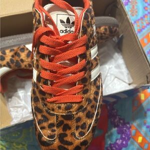 adidas Leopard Print Sneakers with White Stripes and Orange Laces